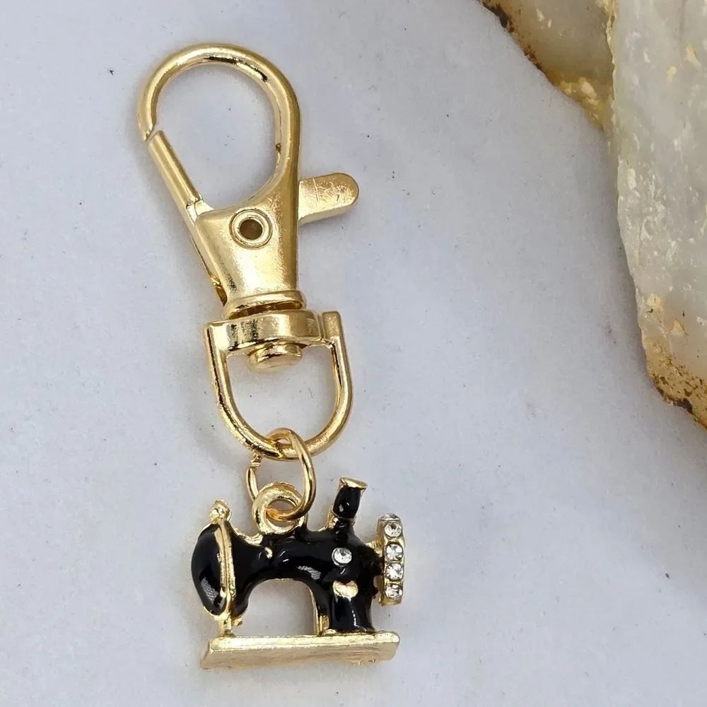 Sewing Machine Keychain | Gold Black Enamel Rhinestone Clip NWT Retro Chic Gift